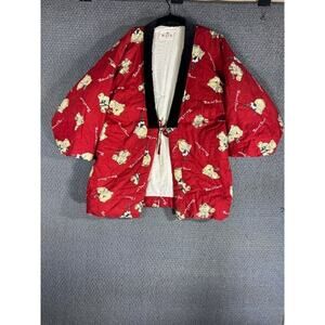 Japanese Quilted Cotton Haori Kimono Jacket Red Teddy Bear Pattern / Medium